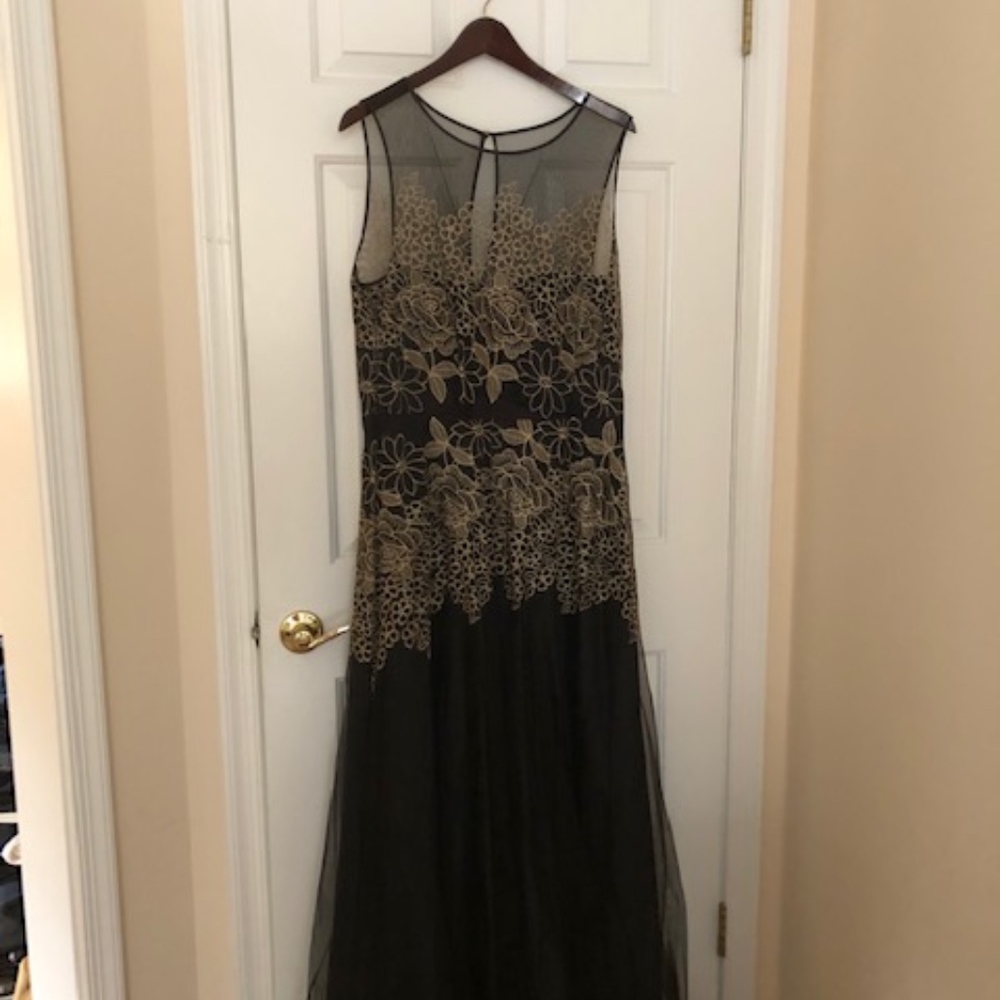 Tahari Gold Floral Black Gown